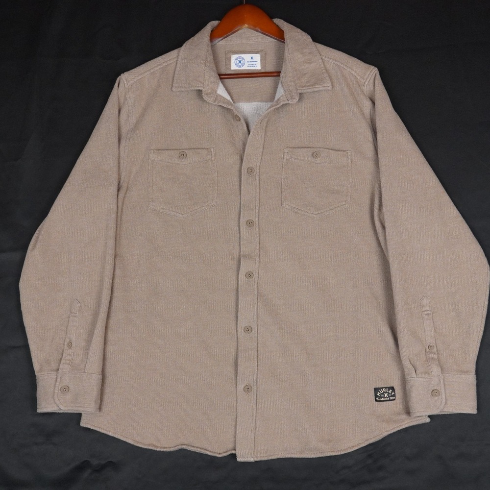 Hurley Button Down Shirt Mens Extra Large Tan Heavy Knit Casual Cotton Blend
